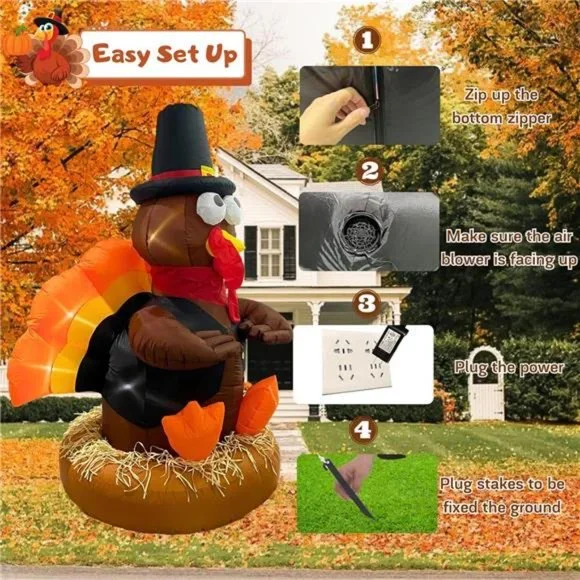 Thanksgiving Inflatable Turkey Outdoor Decorations 6FT Blow Up, Lights